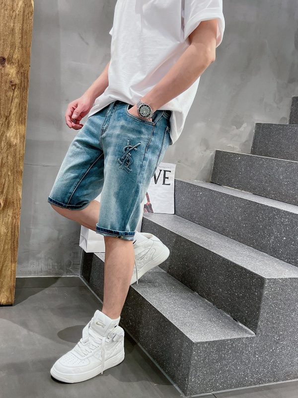 Men's denim shorts with YSL logo. High-quality denim fabric, moderate thickness, extremely soft, skin-friendly and breathable, with stretch