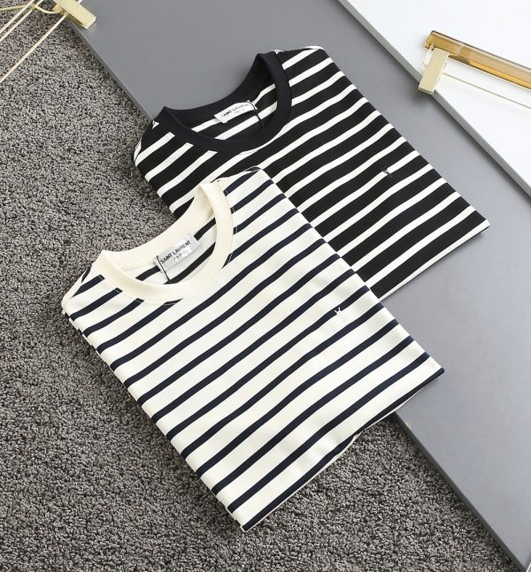 2023 summer round neck new 56032# YSL Saint Laurent men's T-shirt letter embroidery stripes exclusive custom imported cotton fabric